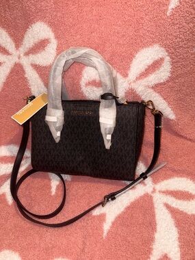 Michael Kors Black Logo-Print Satchel / Crossbody with Gold Hardware